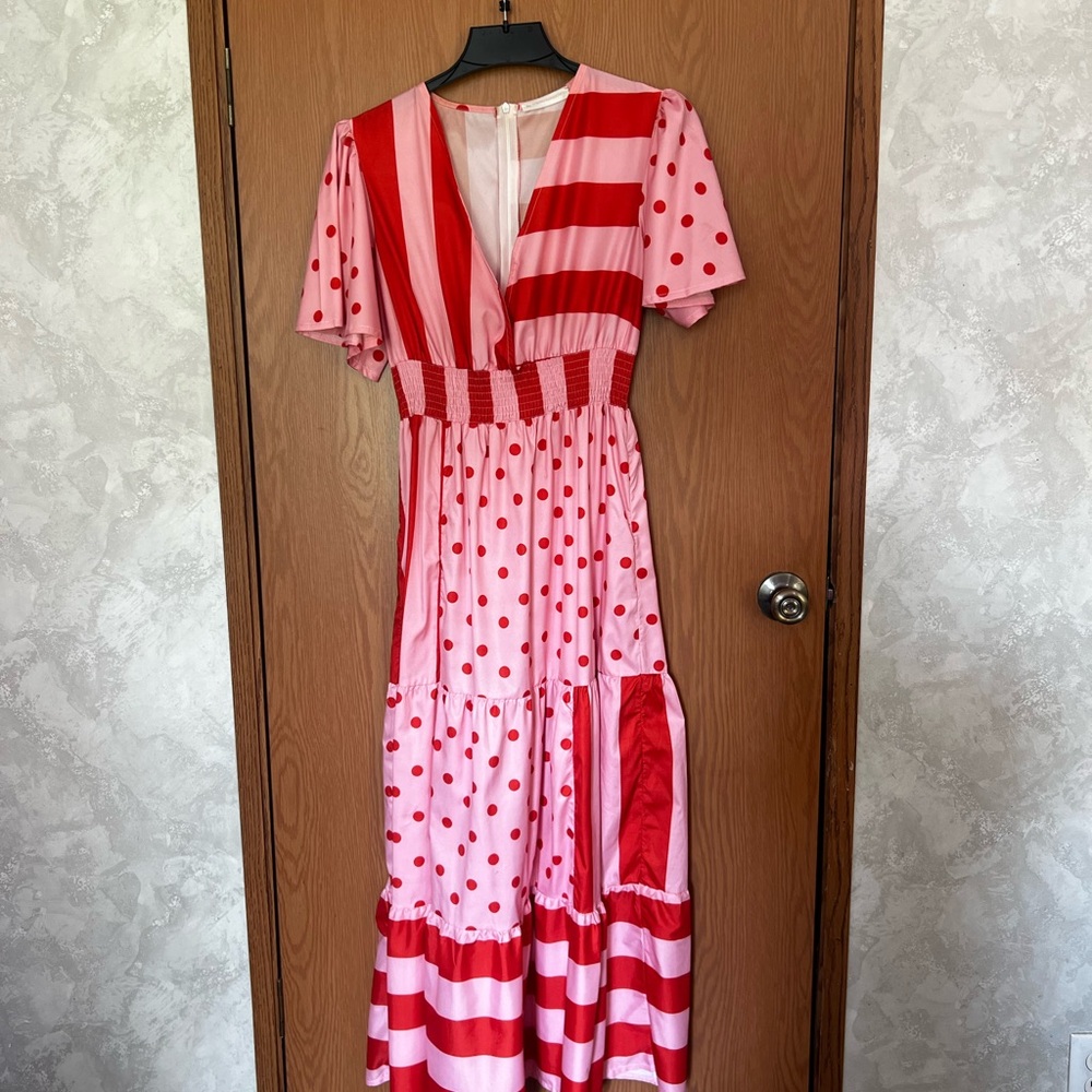 Red and Pink Polka Dot Maxi Dress